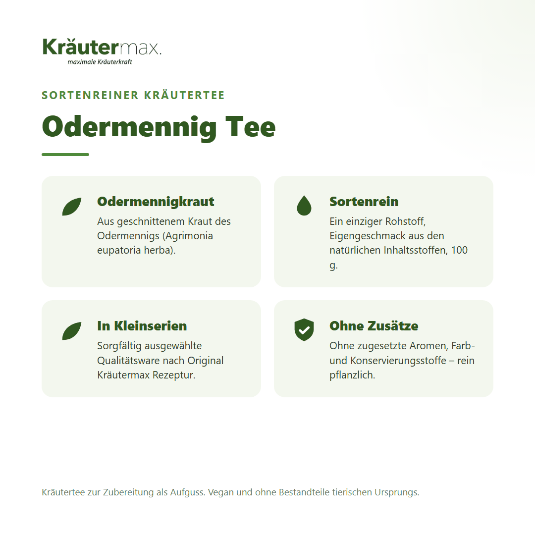 Odermennig Tee – Überblick: sortenreiner Kräutertee aus Odermennigkraut (Agrimonia eupatoria), 100 g, ohne Zusätze