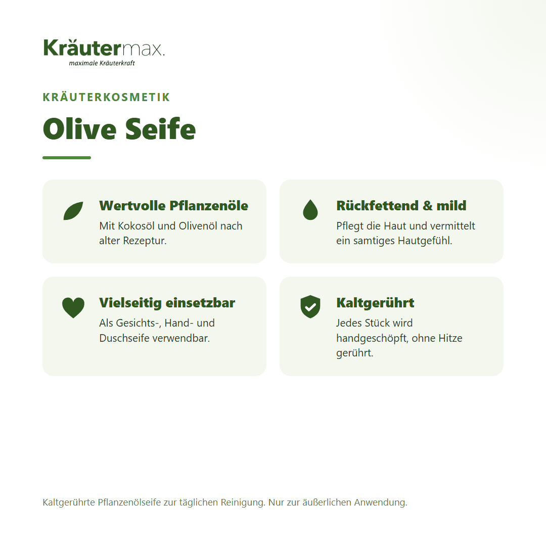 Olive Seife von Kräutermax – Überblick: kaltgerührte Pflanzenölseife mit Kokos- und Olivenöl, 100 g