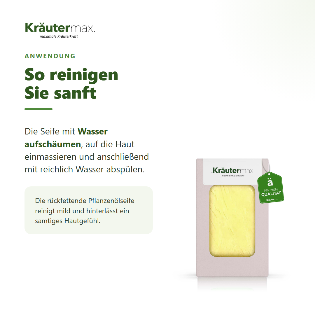 Olive Seife – Anwendung: mit Wasser aufschäumen, einmassieren und abspülen