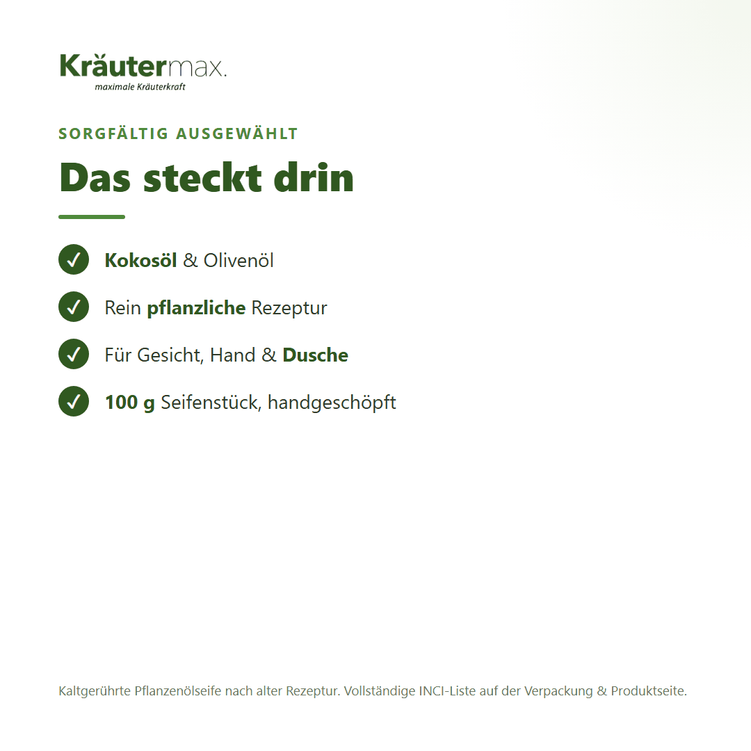 Olive Seife – Inhaltsstoffe: Kokosöl, Olivenöl, rein pflanzlich, 100 g Seifenstück