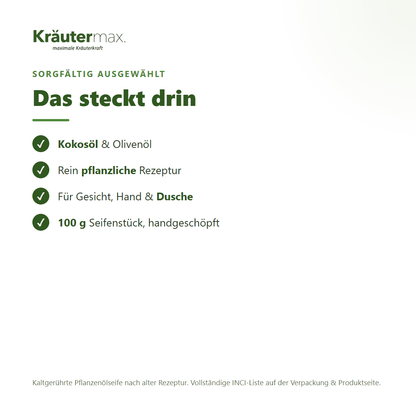 Olive Seife – Inhaltsstoffe: Kokosöl, Olivenöl, rein pflanzlich, 100 g Seifenstück