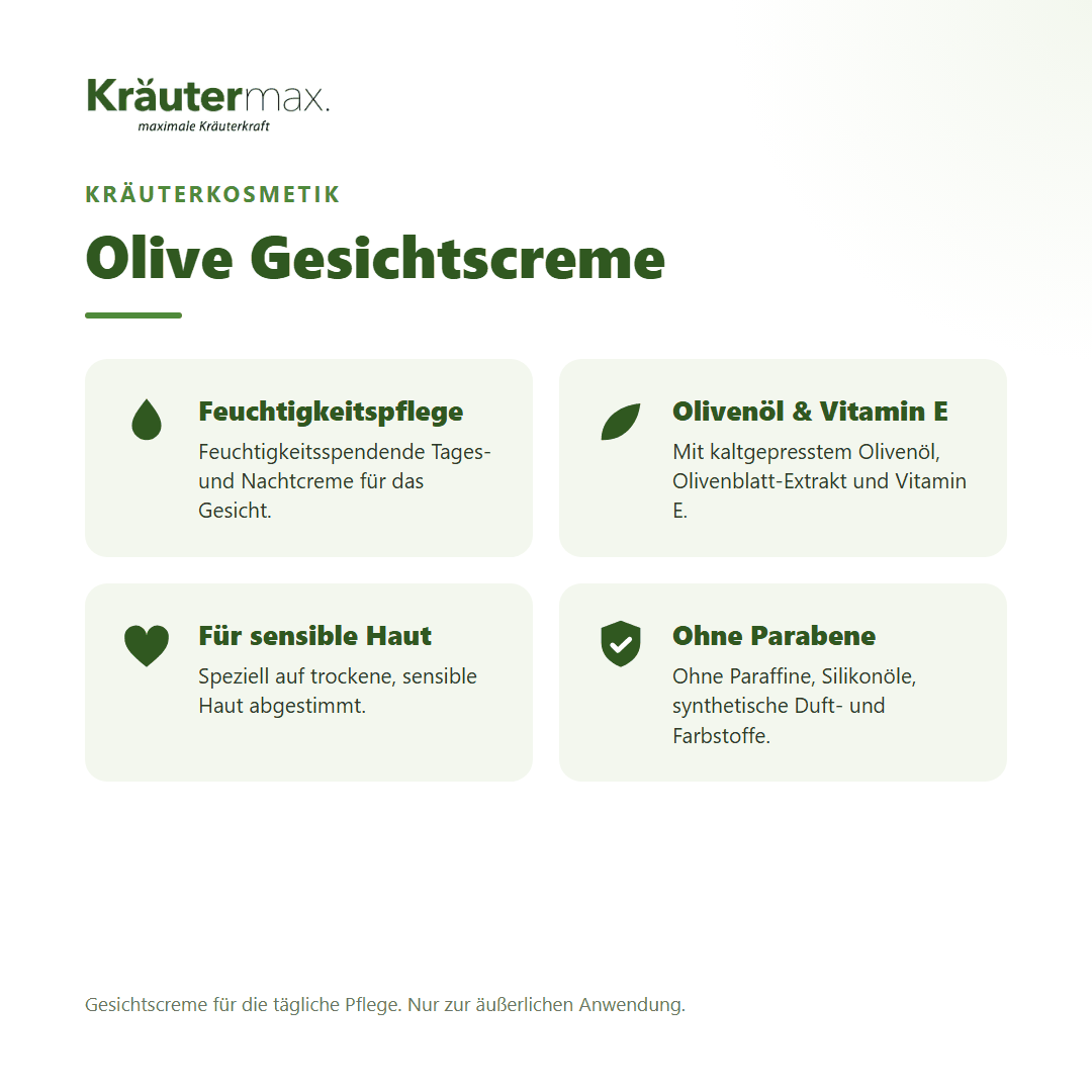 Olive Gesichtscreme von Kräutermax – Überblick: feuchtigkeitsspendende Pflege mit Olivenöl für sensible Haut, 100 ml