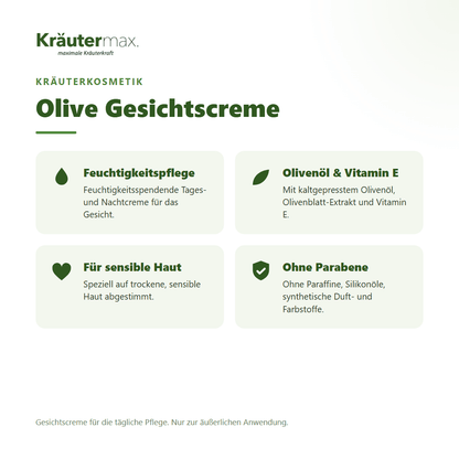 Olive Gesichtscreme von Kräutermax – Überblick: feuchtigkeitsspendende Pflege mit Olivenöl für sensible Haut, 100 ml