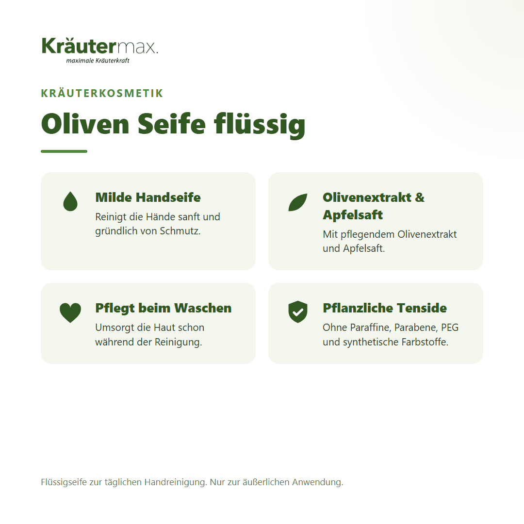 Oliven Seife flüssig von Kräutermax – Überblick: milde Flüssigseife mit Olivenextrakt und Apfelsaft, 500 ml