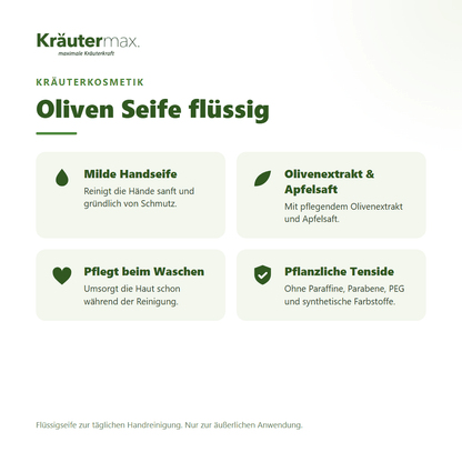 Oliven Seife flüssig von Kräutermax – Überblick: milde Flüssigseife mit Olivenextrakt und Apfelsaft, 500 ml