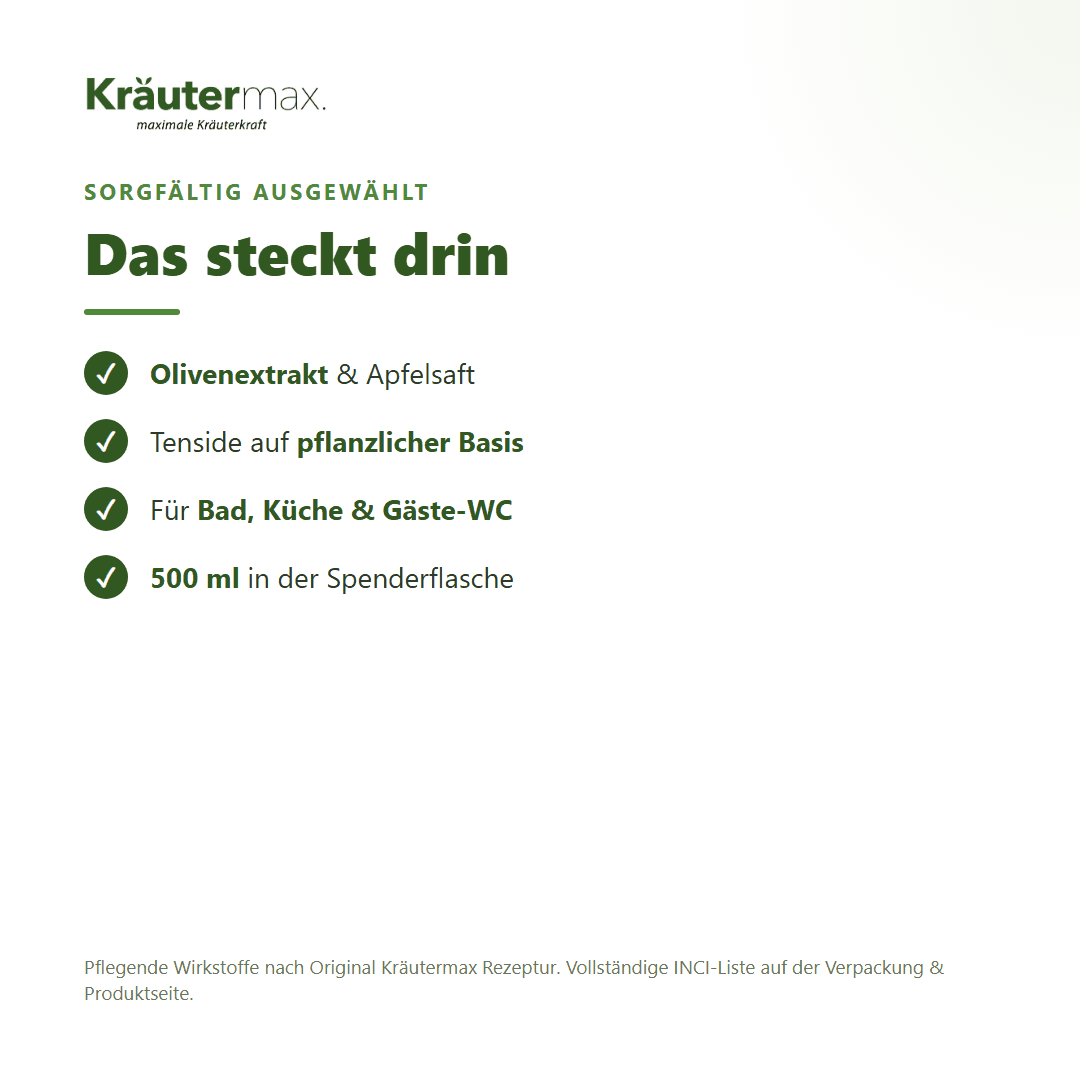 Oliven Seife flüssig – Inhaltsstoffe: Olivenextrakt, Apfelsaft, pflanzliche Tenside, 500 ml Spenderflasche