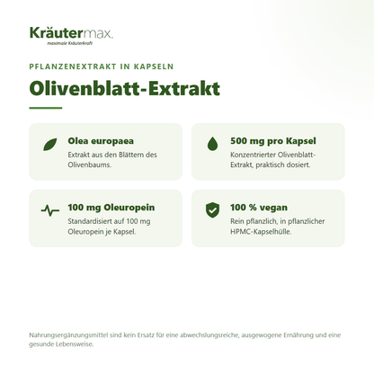 Olivenblatt Extrakt Kapseln von Kräutermax – 500 mg Olivenblatt-Extrakt mit 100 mg Oleuropein, vegan