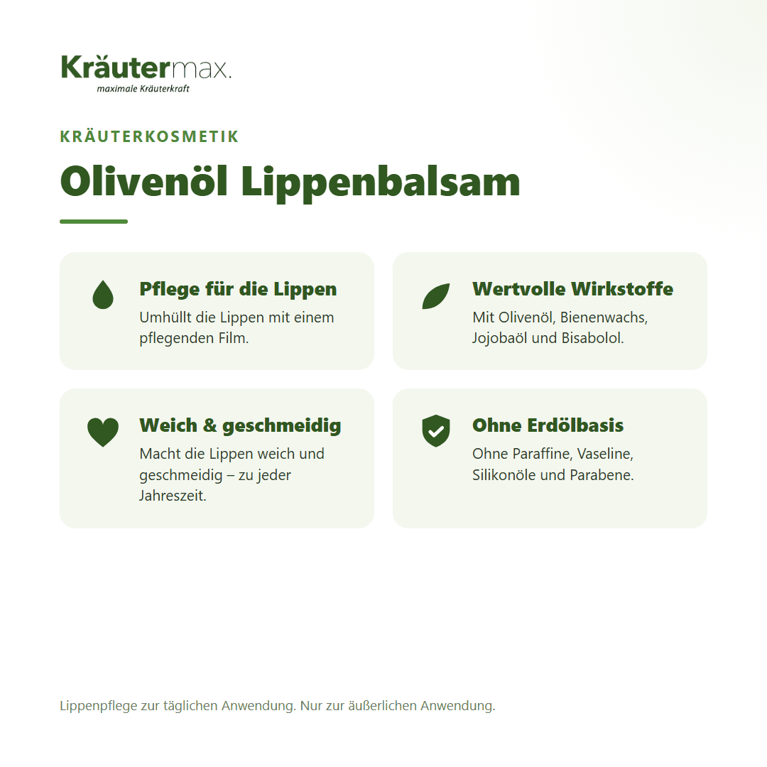 Olivenöl Lippenbalsam von Kräutermax – Überblick: pflegender Lippenstift mit Olivenöl und Bienenwachs, 3,5 g