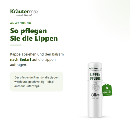 Olivenöl Lippenbalsam – Anwendung: Kappe abziehen und nach Bedarf auf die Lippen auftragen