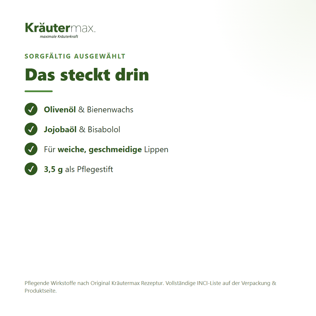 Olivenöl Lippenbalsam – Inhaltsstoffe: Olivenöl, Bienenwachs, Jojobaöl, Bisabolol, 3,5 g Pflegestift