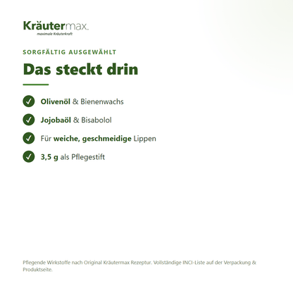 Olivenöl Lippenbalsam – Inhaltsstoffe: Olivenöl, Bienenwachs, Jojobaöl, Bisabolol, 3,5 g Pflegestift