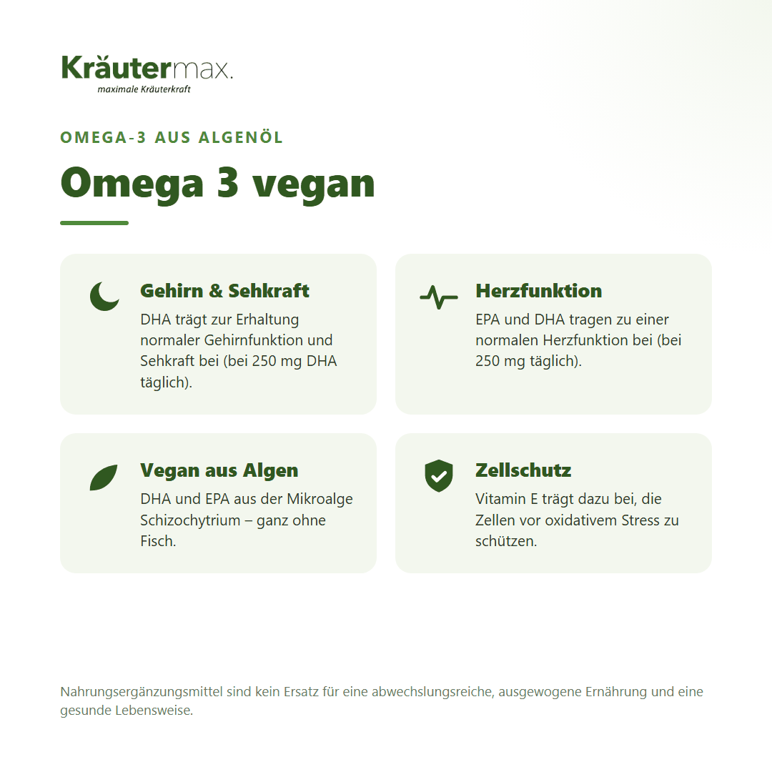 Omega 3 vegan Algenöl Kapseln – Nutzen: DHA für Gehirn und Sehkraft, EPA und DHA für die Herzfunktion, vegan aus Algen, Vitamin E Zellschutz