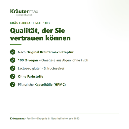 Omega 3 vegan Algenöl Kapseln – Qualität: 100 % vegan aus Algen ohne Fisch, lactose-, gluten- und fructosefrei, ohne Farbstoffe, HPMC-Kapselhülle