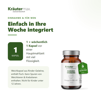 Omega 3 + D3 + K2 Kapseln – Einnahme: 1 mal wöchentlich 1 Kapsel vor einer Hauptmahlzeit