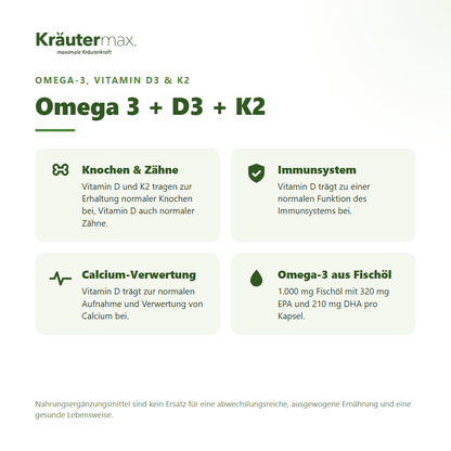 Omega 3 + D3 + K2 Kapseln von Kräutermax – Vitamin D3 und K2 für Knochen und Immunsystem, mit Omega-3 aus Fischöl
