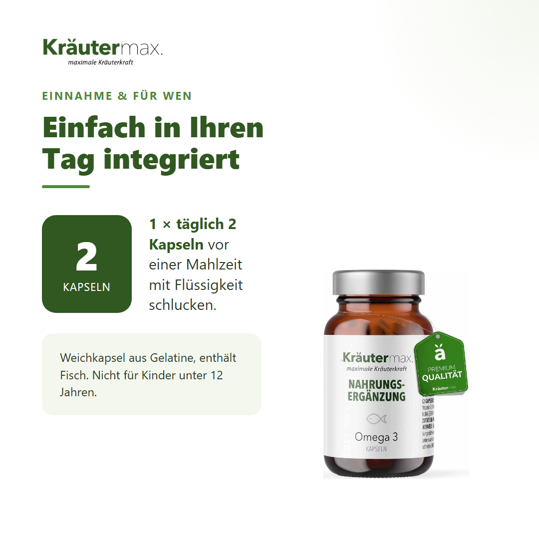 Omega 3 1000 mg Fischöl Kapseln – Einnahme: 1 mal täglich 2 Kapseln vor einer Mahlzeit