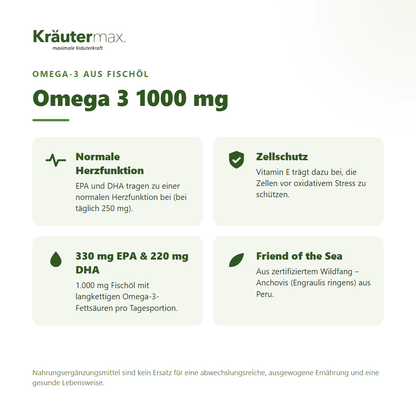 Omega 3 1000 mg Fischöl Kapseln von Kräutermax – EPA und DHA für normale Herzfunktion, Vitamin E für Zellschutz