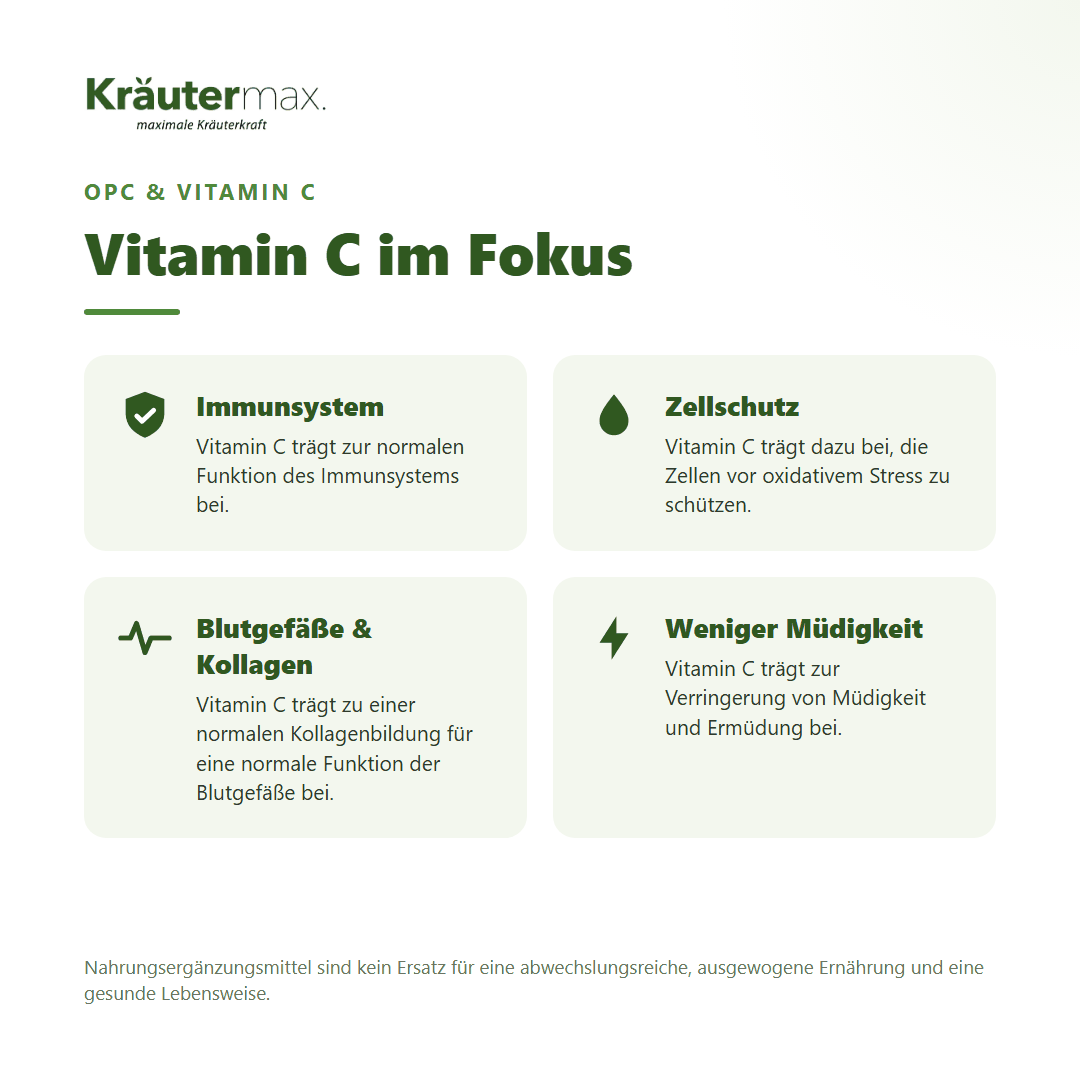 OPC und Vitamin C Kapseln – Nutzen: Vitamin C für Immunsystem, Zellschutz, Kollagenbildung für die Blutgefäße und weniger Müdigkeit