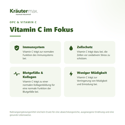 OPC und Vitamin C Kapseln – Nutzen: Vitamin C für Immunsystem, Zellschutz, Kollagenbildung für die Blutgefäße und weniger Müdigkeit