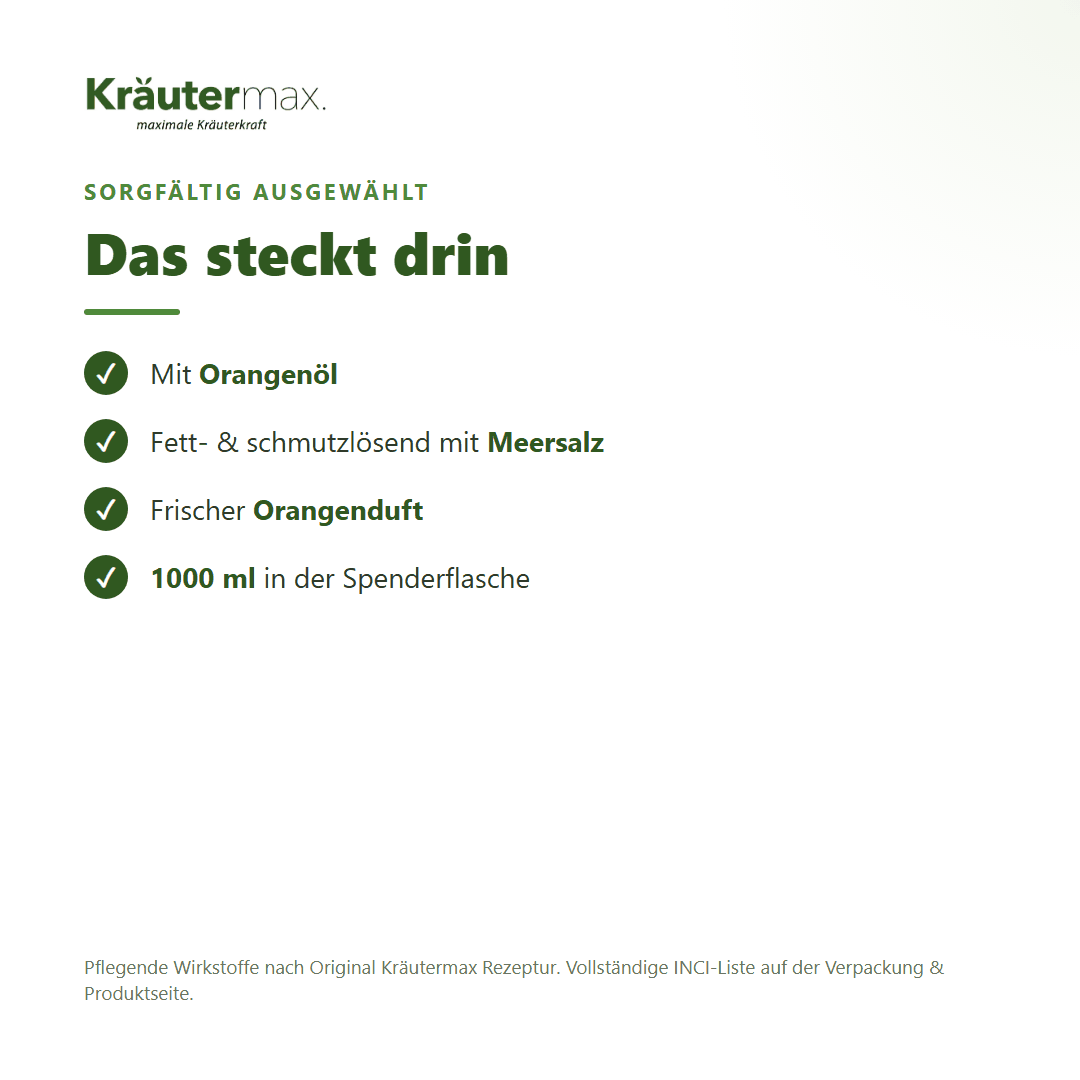 Orangen Seife flüssig – Inhaltsstoffe: Orangenöl, Meersalz, 1000 ml Spenderflasche