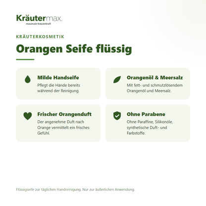 Orangen Seife flüssig 250 ml von Kräutermax – Überblick: milde Flüssigseife mit Orangenöl und Meersalz