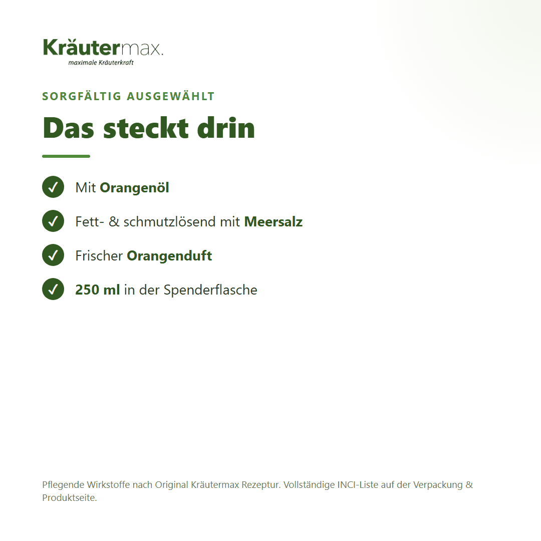 Orangen Seife flüssig – Inhaltsstoffe: Orangenöl, Meersalz, 250 ml Spenderflasche