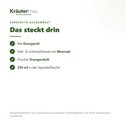 Orangen Seife flüssig – Inhaltsstoffe: Orangenöl, Meersalz, 250 ml Spenderflasche