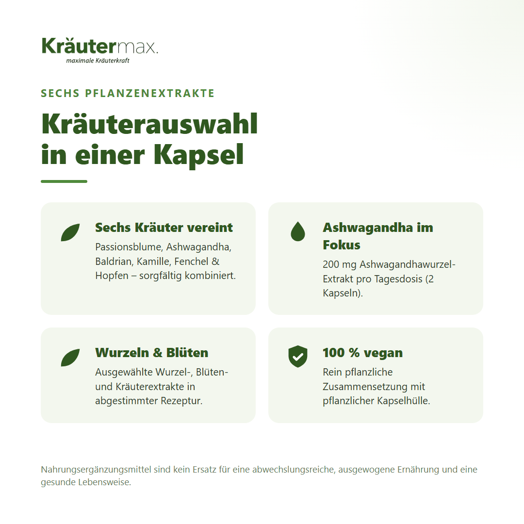 Passionsblume plus Kapseln – sechs Pflanzenextrakte: Passionsblume, Ashwagandha, Baldrian, Kamille, Fenchel und Hopfen, 100 % vegan