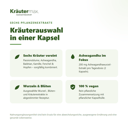 Passionsblume plus Kapseln – sechs Pflanzenextrakte: Passionsblume, Ashwagandha, Baldrian, Kamille, Fenchel und Hopfen, 100 % vegan