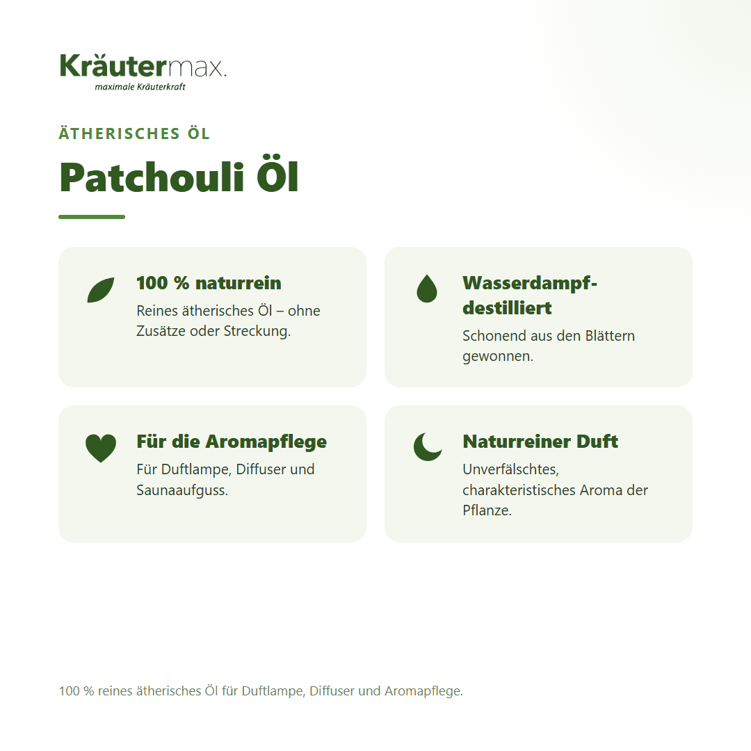 Patchouli Öl von Kräutermax – Überblick: 100 % reines ätherisches Öl für die Aromapflege
