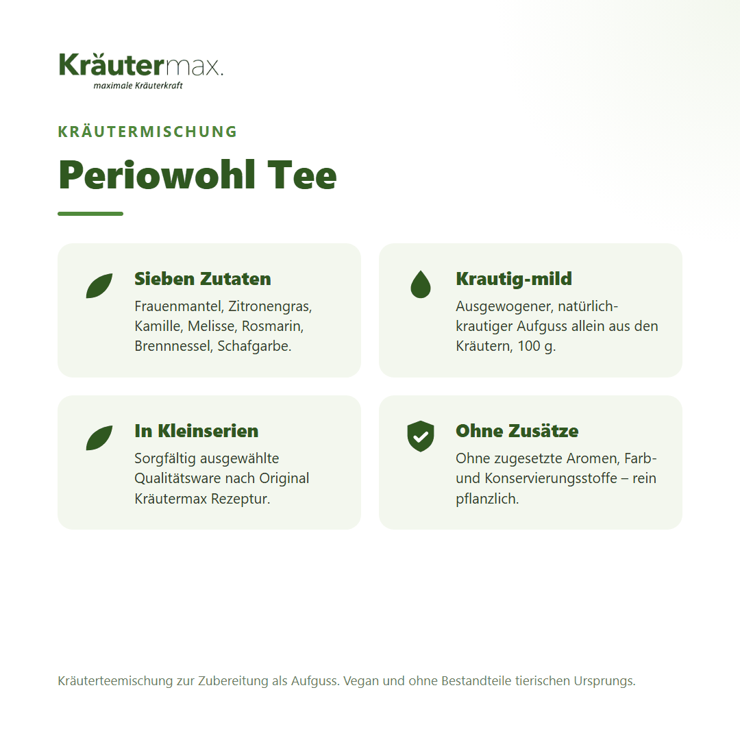 Periowohl Tee – Überblick: Kräutermischung mit Frauenmantel, Kamille, Melisse und Schafgarbe, 100 g