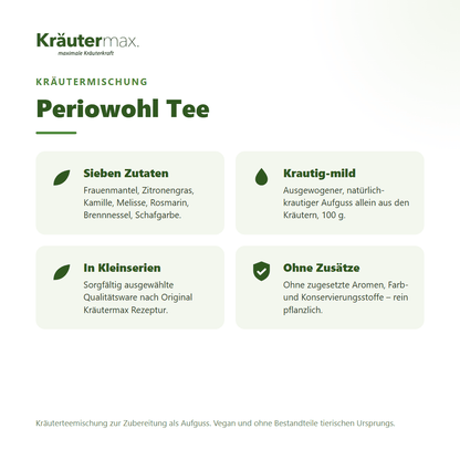 Periowohl Tee – Überblick: Kräutermischung mit Frauenmantel, Kamille, Melisse und Schafgarbe, 100 g