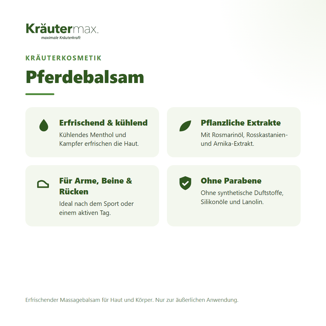 Pferdebalsam von Kräutermax – Überblick: erfrischend-kühlender Massagebalsam mit Rosskastanie und Arnika, 200 ml