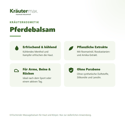Pferdebalsam von Kräutermax – Überblick: erfrischend-kühlender Massagebalsam mit Rosskastanie und Arnika, 200 ml