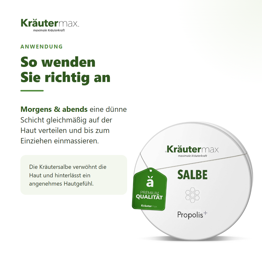 Propolis Salbe – Anwendung: auf die gewünschten Körperpartien einmassieren