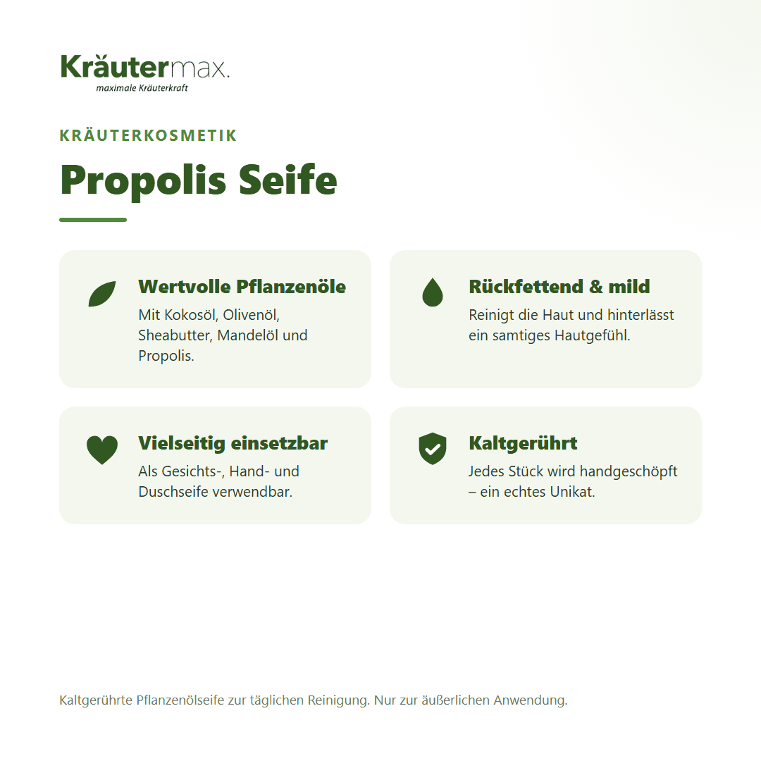 Propolis Seife von Kräutermax – Überblick: kaltgerührte Pflanzenölseife mit Propolis und Sheabutter, 100 g