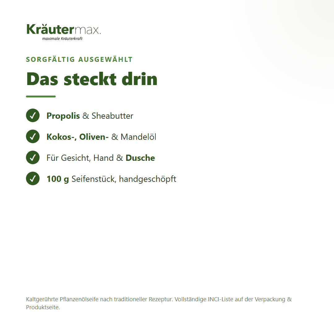 Propolis Seife – Inhaltsstoffe: Propolis, Kokos-, Oliven-, Mandelöl, Sheabutter, 100 g Seifenstück