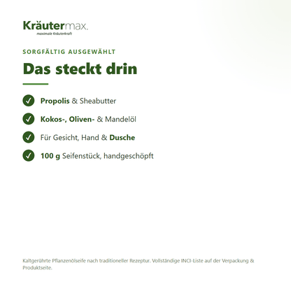 Propolis Seife – Inhaltsstoffe: Propolis, Kokos-, Oliven-, Mandelöl, Sheabutter, 100 g Seifenstück