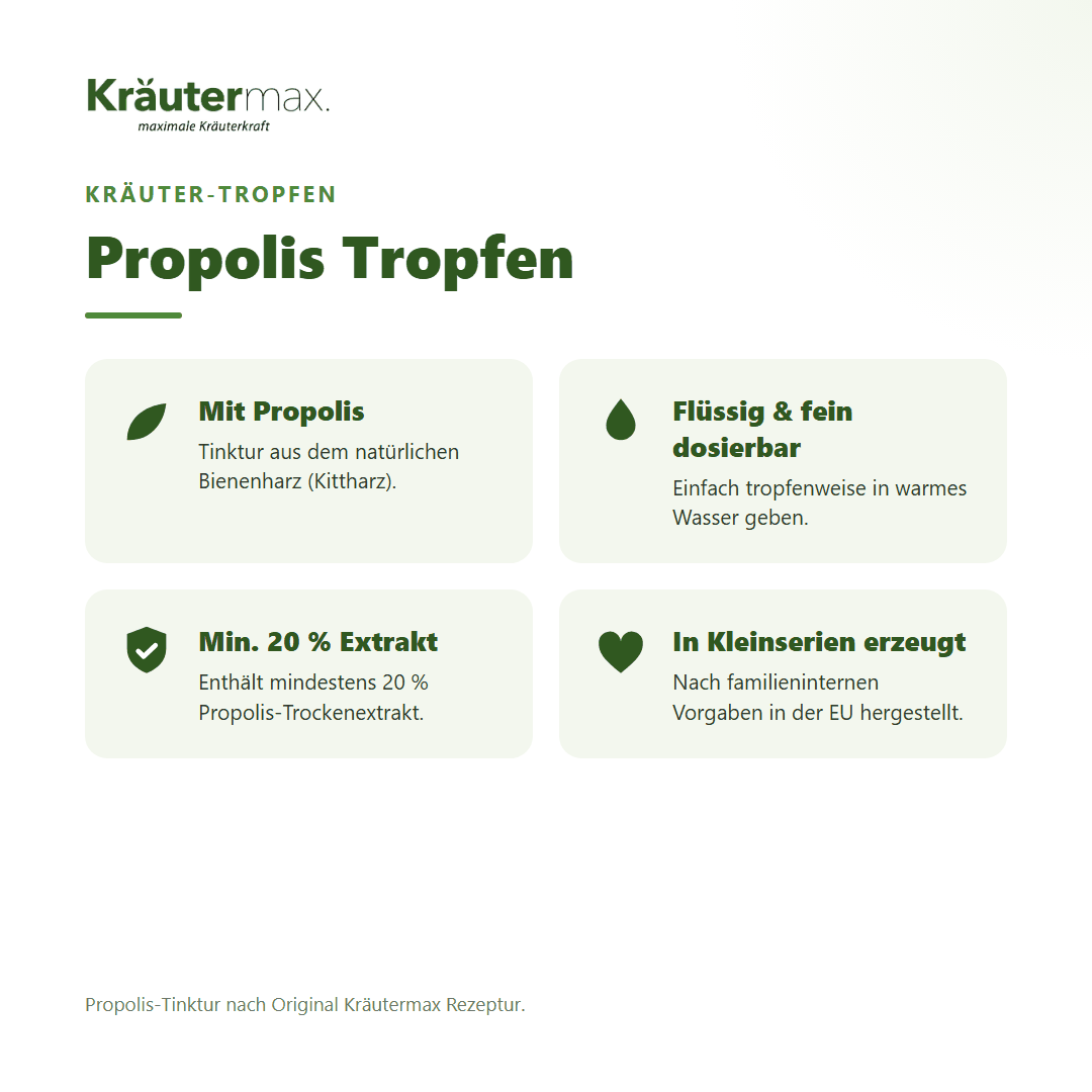 Propolis Tropfen von Kräutermax – Überblick: Propolis-Tinktur mit min. 20 % Propolis-Trockenextrakt