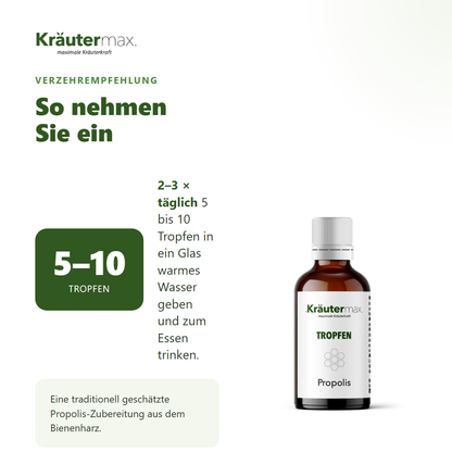 Propolis Tropfen – Verzehrempfehlung: 2 bis 3 mal täglich 5 bis 10 Tropfen in warmes Wasser