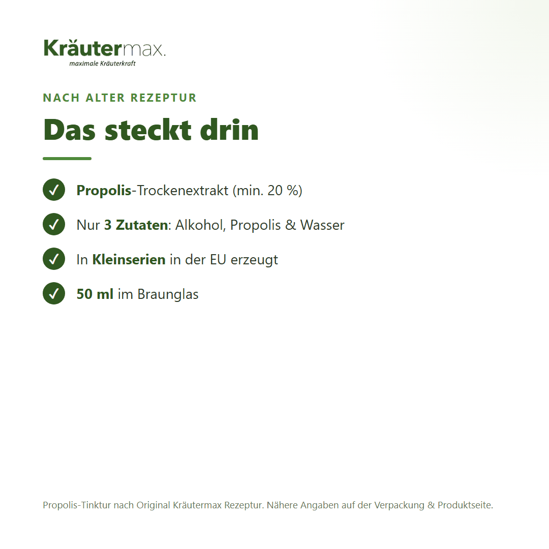 Propolis Tropfen – Zutaten: Alkohol, Propolis-Trockenextrakt und Wasser, 50 ml Braunglas