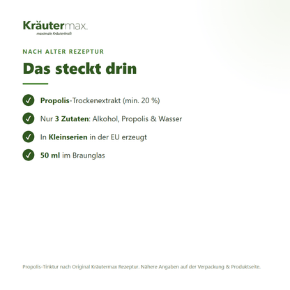 Propolis Tropfen – Zutaten: Alkohol, Propolis-Trockenextrakt und Wasser, 50 ml Braunglas