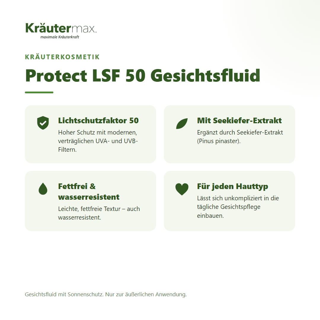 Protect LSF 50 Gesichtsfluid von Kräutermax – Überblick: hoher Sonnenschutz mit UVA- und UVB-Filtern, 30 ml