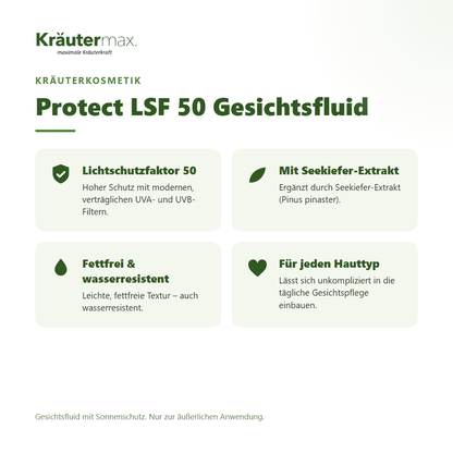 Protect LSF 50 Gesichtsfluid von Kräutermax – Überblick: hoher Sonnenschutz mit UVA- und UVB-Filtern, 30 ml