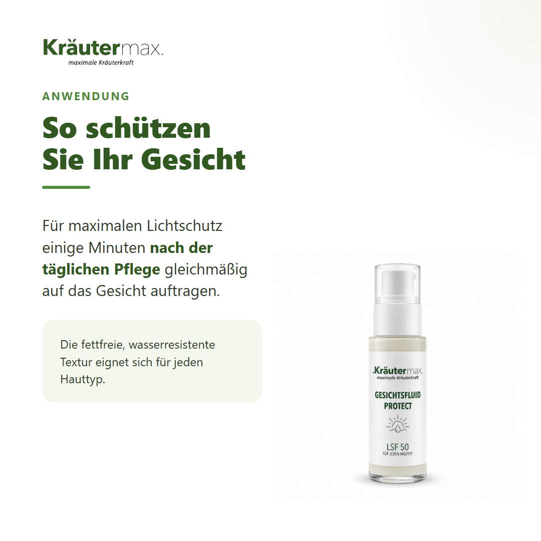 Protect LSF 50 Gesichtsfluid – Anwendung: nach der täglichen Pflege gleichmäßig auf das Gesicht auftragen