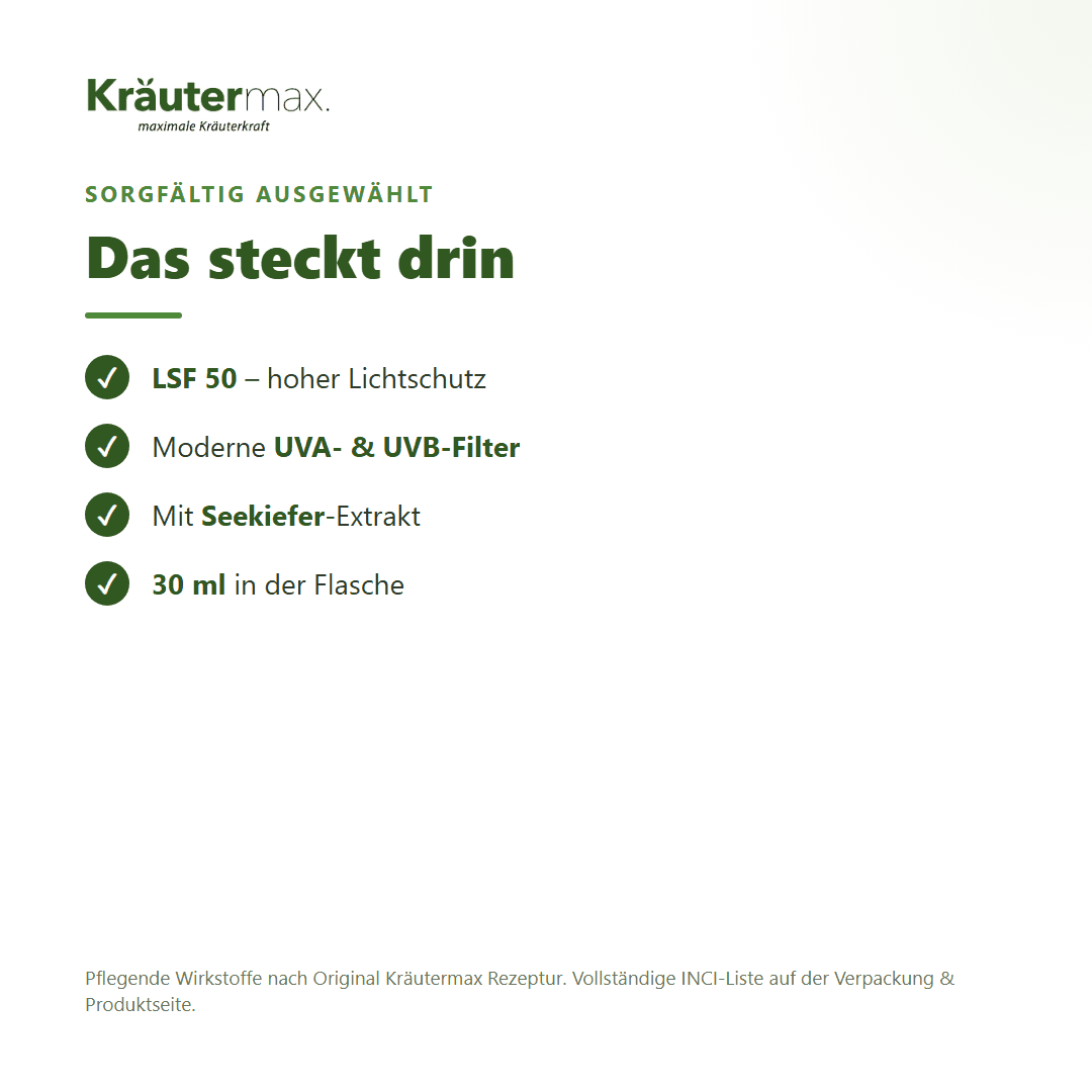 Protect LSF 50 Gesichtsfluid – Inhaltsstoffe: LSF 50, UVA- und UVB-Filter, Seekiefer-Extrakt, 30 ml Flasche