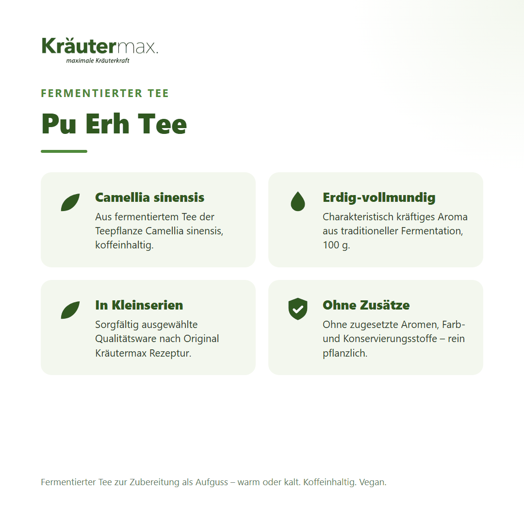 Pu Erh Tee – Überblick: fermentierter Tee aus Camellia sinensis, koffeinhaltig, erdig-vollmundig, 100 g