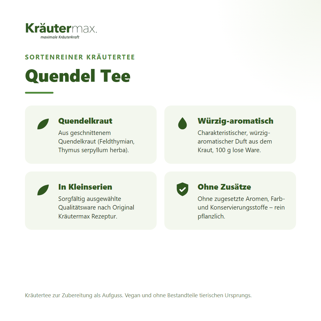 Quendel Tee – Überblick: sortenreiner Kräutertee aus Quendelkraut (Feldthymian, Thymus serpyllum), 100 g, ohne Zusätze
