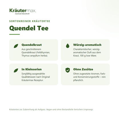 Quendel Tee – Überblick: sortenreiner Kräutertee aus Quendelkraut (Feldthymian, Thymus serpyllum), 100 g, ohne Zusätze