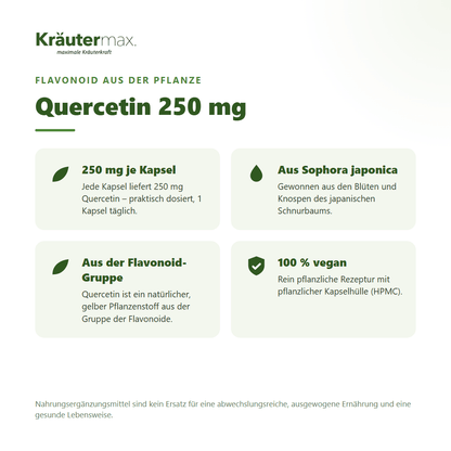 Quercetin Kapseln 250 mg – 250 mg Quercetin je Kapsel aus Sophora japonica, ein Flavonoid, 100 % vegan